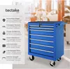 A blue tool cart with multiple drawers is shown in a workshop setting, with text describing its features. Náhled obrázku produktu