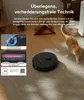 A robot vacuum cleaner on a rug with a cat walking nearby. There are inset images and text describing features. Produktbild-Vorschau