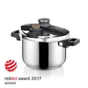 A studio shot of a Tescoma Schnellkochtopf ULTIMA 6.0 l pressure cooker on a white background, with a Red Dot Award 2017 winner badge. Náhled obrázku produktu