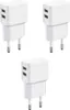 Three white dual USB wall chargers are arranged in a diagonal pattern against a white background. Produktbild-Vorschau