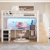 A loft bed with a desk and storage stairs, set up in a room. Voir les images du produit