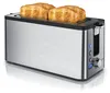 A stainless steel long slot toaster with four slices of toast inside, shown on a white background. Anteprima dell’immagine prodotto