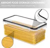A clear plastic food storage container filled with spaghetti, with close-up insets showing the lid seal and the texture of the spaghetti. Produktbild-Vorschau