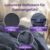 A close-up view of a gray duvet with text overlays highlighting its features. Produktbild-Vorschau