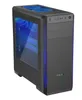 A black computer tower with blue LED lighting. Produktbild-Vorschau