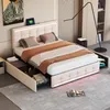 A bedroom scene featuring a bed with storage drawers and ambient lighting. Produktbild-Vorschau