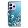 A flip-style phone case with a blue background and a floral pattern. Produktbild-Vorschau
