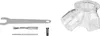 A collection of tools and accessories for a rotary cutter, including a wrench, drill bits, a collet, and a dust collection shroud. Produktbild-Vorschau