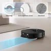 A robot vacuum cleaner is shown on a floor, with a blue light indicating its cleaning path. Above, there are three circular insets showing details of the cleaning pads. Voir les images du produit
