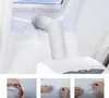 A portable air conditioner with an exhaust hose connected to a window sealing kit, with close-up shots of the sealing tape application. Podgląd zdjęcia produktu