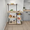 A kitchen shelf unit with various items on display, including food, bottles, and plates, in a kitchen setting. Náhled obrázku produktu