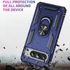 A blue phone case with a ring holder is shown in a dynamic, action-oriented scene with debris flying around it, suggesting durability and protection. Produktbild-Vorschau
