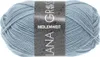 A ball of light blue yarn with a label wrapped around it. Produktbild-Vorschau