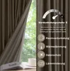 A close-up of a brown velvet curtain with a window and greenery visible in the background. Text overlays describe product features. Produktbild-Vorschau