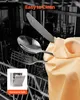 Close-up of cutlery in a dishwasher, with a small inset image of a dishwasher and text indicating it's dishwasher safe. Produktbild-Vorschau