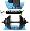 A dumbbell is placed on a blue mat, with text overlay indicating robust material. Produktbild-Vorschau