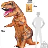 A person wearing an inflatable T-Rex costume next to a diagram showing its dimensions and weight. Produktbild-Vorschau