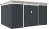 A dark gray garden shed with a white roof and trim, presented on a white background. Podgląd zdjęcia produktu