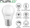 A product image of a white LED light bulb with several feature icons and text in German. Produktbild-Vorschau