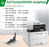 A printer is shown with a list of compatible toner cartridges and a performance graph. Produktbild-Vorschau