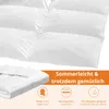 A close-up of a white comforter with marketing text and icons below. Voir les images du produit