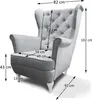 A gray armchair with dimensions indicated by measurement lines and text. Náhled obrázku produktu