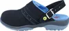 A side view of a black safety clog with blue accents and a strap. Produktbild-Vorschau