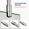 A close-up view of a stainless steel shower support rod, with detailed insets showing its connection mechanisms and material. Produktbild-Vorschau