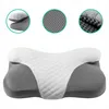 A close-up view of an orthopedic pillow, showcasing its contoured shape and textured fabric. Three circular insets highlight different aspects of the pillow's construction and material. Náhled obrázku produktu