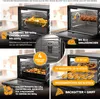 A collage of images showing a mini oven and its features, with text overlays describing its capacity and uses. Produktbild-Vorschau