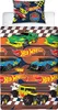A bedding set with a Hot Wheels theme, featuring race cars and checkered patterns. Voir les images du produit