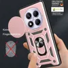A hand is holding a pink phone case with a camera cover, ring holder, and fingerprint icon with a red cross. Produktbild-Vorschau