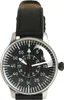 A close-up studio shot of a black analog watch with a leather strap. Produktbild-Vorschau