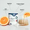 A product shot of a collagen supplement container with accompanying ingredients and a prepared drink. Produktbild-Vorschau