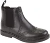 A black leather boot with decorative perforations. Voir les images du produit