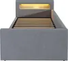 A grey upholstered bed frame with a slatted base and a lit headboard. Produktbild-Vorschau