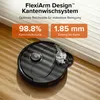 A black robot vacuum cleaner is shown on a wooden floor next to a wall, with marketing text overlays highlighting its features. Produktbild-Vorschau