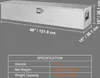 A silver diamond plate truck tool box with dimensions and specifications displayed. Náhled obrázku produktu
