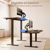 Two adjustable height desks are shown in a room setting, demonstrating different height settings. Voir les images du produit