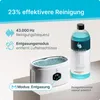 Product advertisement for an ultrasonic cleaner, showing the device and a bottle of cleaning solution, with text highlighting features and benefits. Produktbild-Vorschau