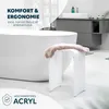 A modern bathroom with a white bathtub and a white acrylic stool with a towel on it. Produktbild-Vorschau
