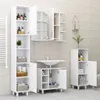 A well-lit bathroom vanity area with several white storage cabinets and a sink. Produktbild-Vorschau