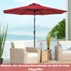A red patio umbrella is set up on a deck with two wicker chairs and a small side table. The background shows a body of water and distant hills under a cloudy sky. Anteprima dell’immagine prodotto