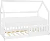 A white house-shaped bed frame with a mattress and wooden slats, shown against a white background. Produktbild-Vorschau