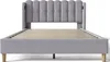 A gray upholstered bed frame with a slatted mattress support is shown against a white background. Anteprima dell’immagine prodotto