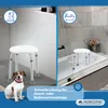 A split image showing a shower stool in a shower stall on the left and a shower stool in a bathtub on the right. A dog is present in the left image. Náhľad obrázku produktu
