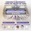 A close-up promotional image showing a vacuum cleaner head operating on different surfaces, with text overlays highlighting its features and capabilities. Voir les images du produit