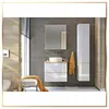 A modern bathroom with a vanity, sink, tall cabinet, and a stool with a towel. Produktbild-Vorschau