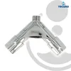 A chrome-plated brass Y-shaped fitting with three outlets, likely for plumbing. Produktbild-Vorschau