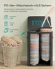 A laundry basket with two compartments is shown, with text describing its capacity and what it can hold. There are also laundry baskets filled with clothes in the foreground. Podgląd zdjęcia produktu